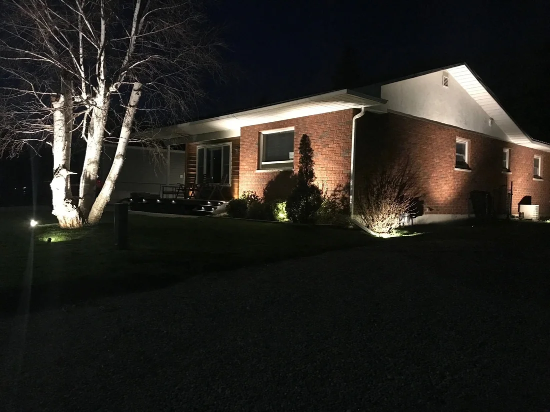 A brick house at night with landscape uplighting on a birch tree and washes of light along the eaves.